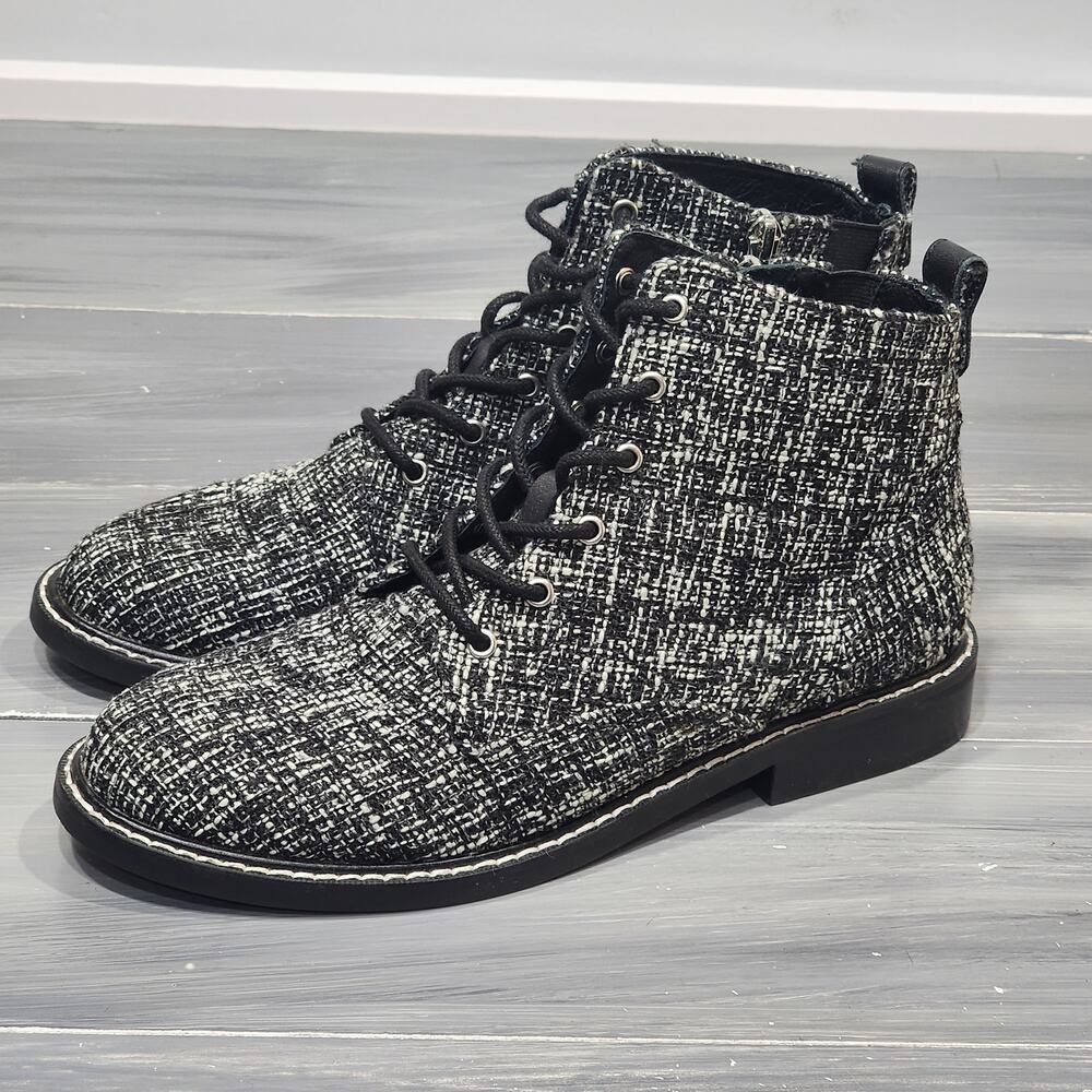 NYDJ Eileen Ankle Boots Black and White Tweed Lace Up Zip Closure‎ Size 8 - Picture 2 of 13